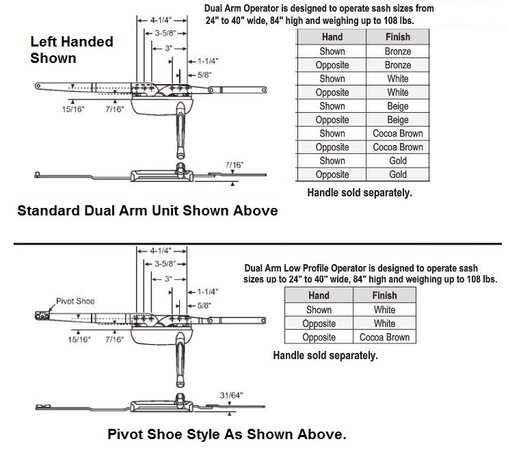 Truth Window Cranks Operators Dual Arm for sashes from 24" 40" W